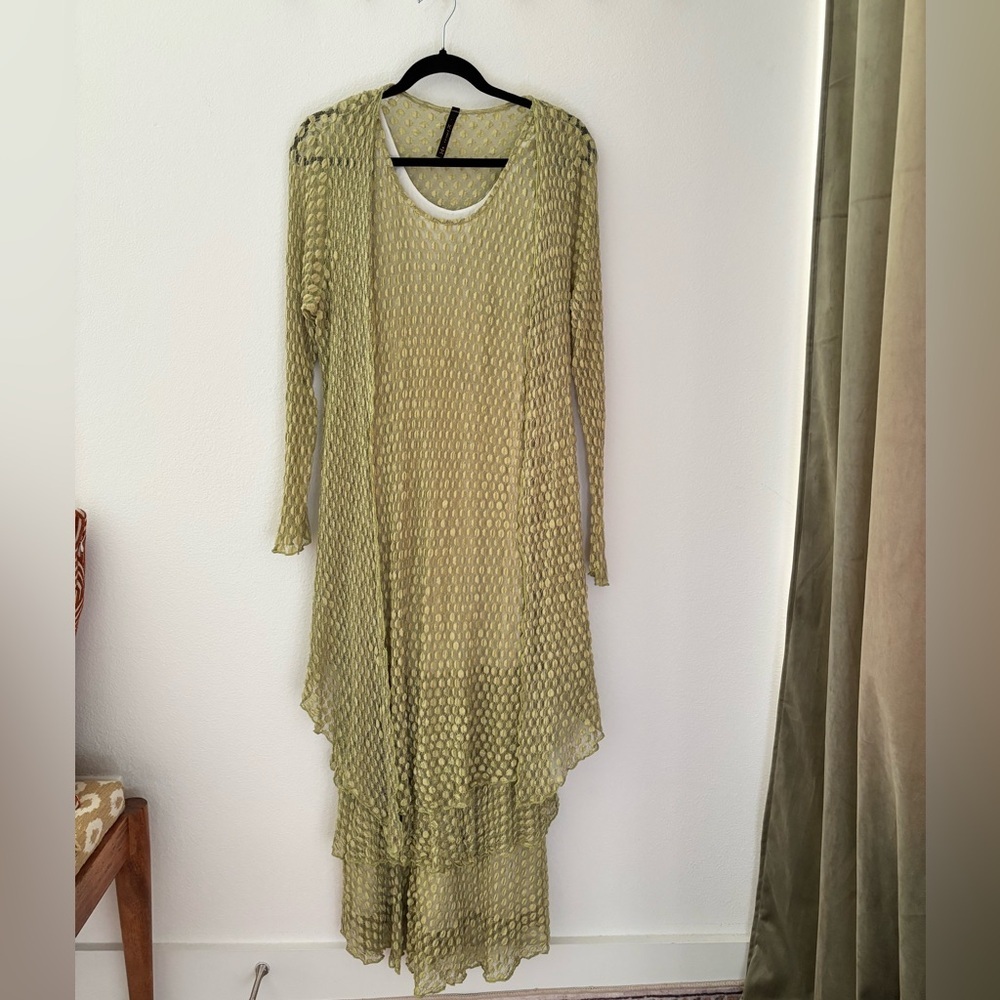 Vintage Olive Green Crochet Women's Dress with matching Sweater size medium